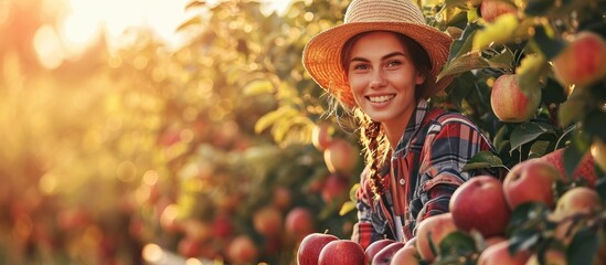 Fresh ripe apples from the orchard trees collected by the beautiful woman farmer she posing with the apple harvest in front of the camera and smelling the apple and smiles cute. Creative Banner