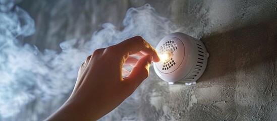 Close Up Of Hand Testing Domestic Smoke Alarm. Creative Banner. Copyspace image - obrazy, fototapety, plakaty