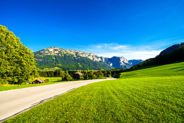 View of the landscape in Styria near Lake Grundlsee. Nature in Austria with meadows and mountains.
