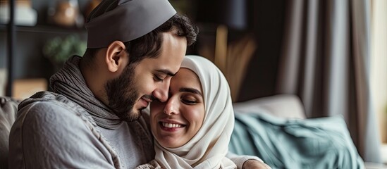 Closeup shot of happy pregnant muslim couple demonstrating baby sonography photo while relaxing together at home showing first photo of their child enjoying future parenthood cropped image
