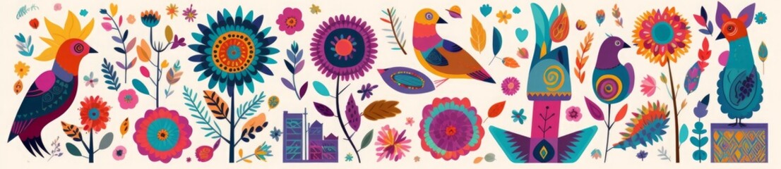 Beautiful colorful cartoon floral collection with leaves, flowers, tree and birds. Mexican ethnic pattern, Generative AI 