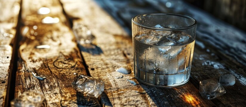 Cold glass of drinking water with ice on wood table. Creative Banner. Copyspace image