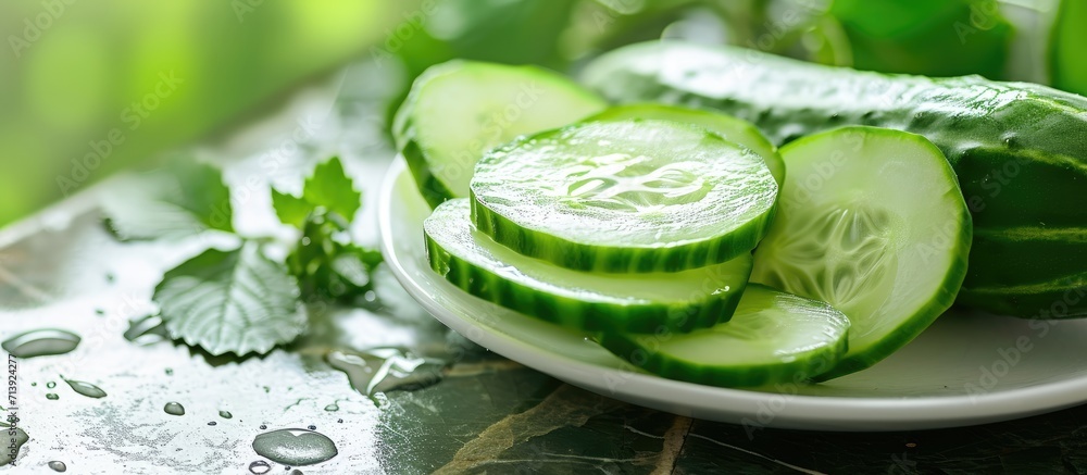 Poster fresh cucumber sliced in a plate on table. Creative Banner. Copyspace image
