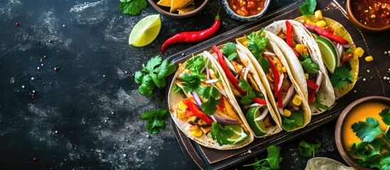 Delicious tacos with grilled fish cilantro lime cabbage carrot jalapeno and radish with mexican chili crema sauce. Creative Banner. Copyspace image - obrazy, fototapety, plakaty