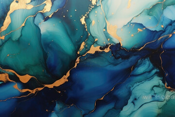  gold, blue and black paint, Natural luxury abstract fluid art painting in liquid ink technique. Tender and dreamy wallpaper. Mixture of colors creating transparent waves and golden swirls.
