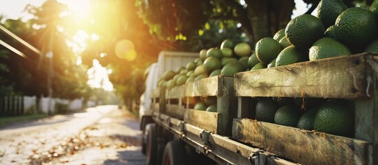 Farmers loading the truck with full hass avocado s boxes Harvest Season. Creative Banner. Copyspace image