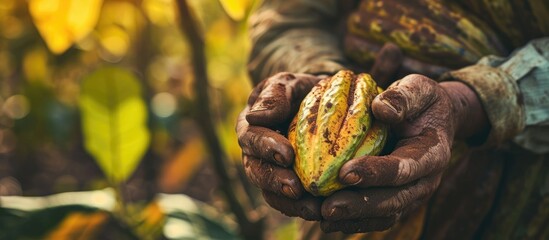 farmer hand holding opened raw fresh cacao pod with white seeds. Creative Banner. Copyspace image