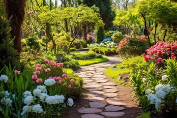 Garden with blooming flowers and pathway