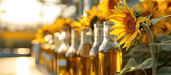 Bottling line of sunflower oil in bottles Vegetable oil production plant High technology Industrial background. Creative Banner. Copyspace image - obrazy, fototapety, plakaty