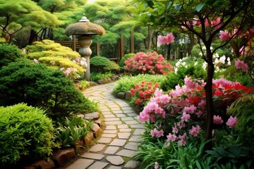 Garden with blooming flowers and pathway