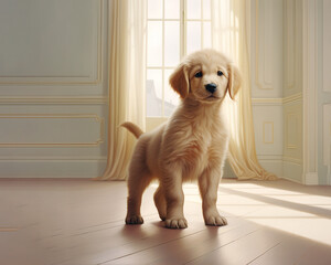 small golden retriever puppy in a bright room