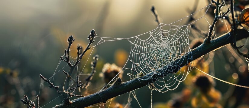 Early morning dew on a cobweb hanging between twigs of a plant on a misty morning. Creative Banner. Copyspace image