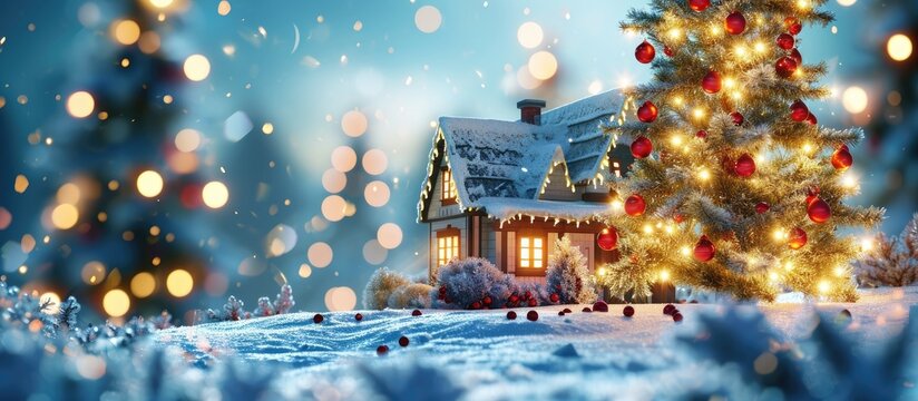 Feast of Christmas Beautifully decorated house with a Christmas tree. Creative Banner. Copyspace image