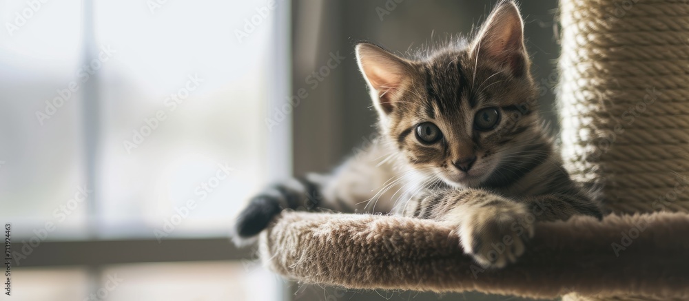 Poster cute tabby kitten relaxing on top of cat tree. creative banner. copyspace image