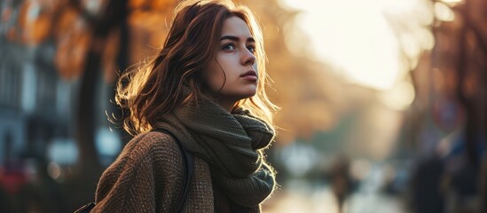 Female body in the orange warm knitting cozy sweater and long brown coat Outdoor portrait in daylight Autumn winter clothes street style concept Film grain effect. Creative Banner. Copyspace image - obrazy, fototapety, plakaty