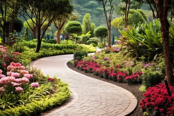 Obraz premium Garden with blooming flowers and pathway