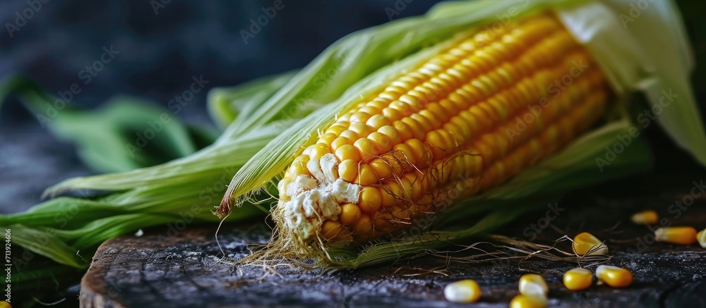 Poster cob of corn maize isolated on black background. creative banner. copyspace image