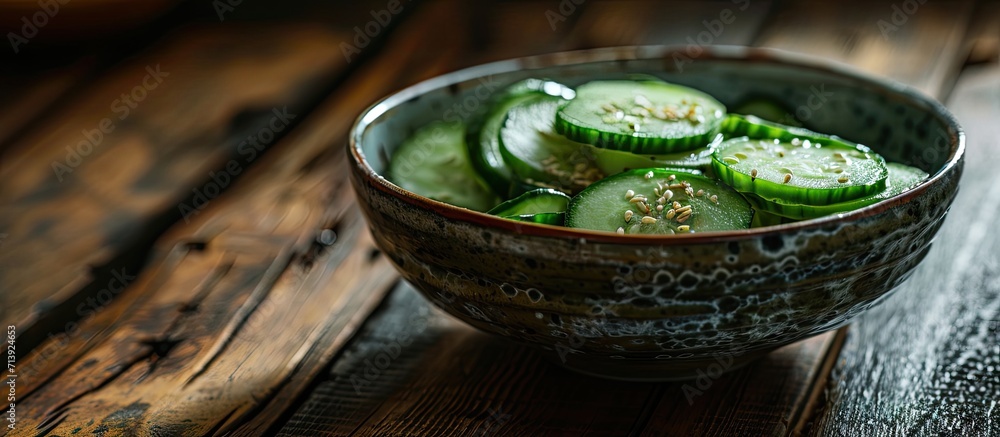 Poster close up of sunomono japanese cucumber salad sliced cucumbers with asian dressing of soy sauce rice 