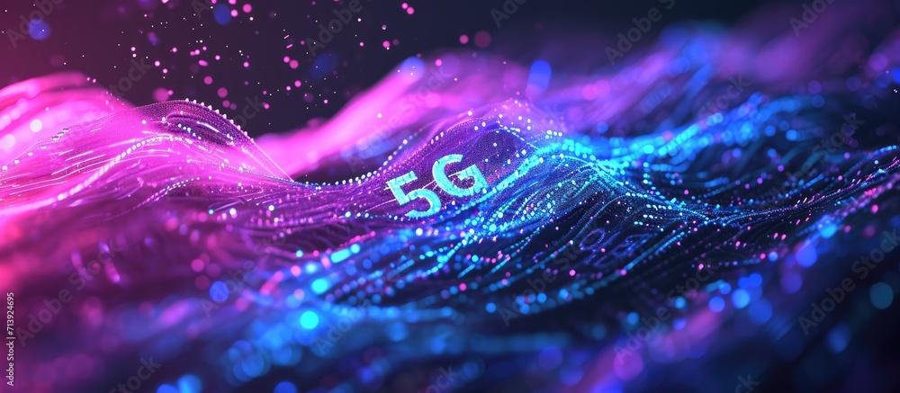 Sticker creative background the inscription 5g on the background of purple and blue energy dark background t