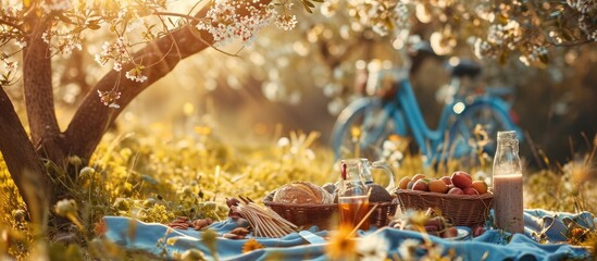Empty picnic on a checkered tablecloth with healthy food on a sunny day next to an almond tree Next to a blue bicycle. Creative Banner. Copyspace image