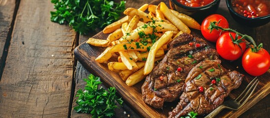 Fototapeta premium Freshly grilled steak with French Fries parsley and tomatoes. Creative Banner. Copyspace image