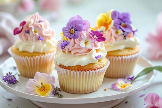 Exquisite artisan cupcakes topped with pastel-colored frosting and vibrant edible flowers, presented on a backdrop scattered with petals