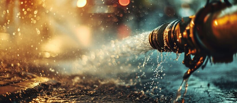 firefighter water spray by high pressure fire hose with copy space in cinematic tone. Creative Banner. Copyspace image
