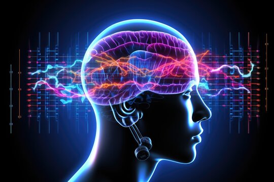 Human mind neural synapse communicating Neurotransmission GABA (Gamma-Aminobutyric Acid). Brain waves - alpha, beta, delta, theta - neural activities. Neuroimaging Electroencephalogram (EEG) medtech