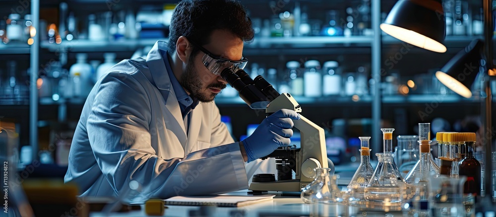 Poster biochemistry laboratory research chemist is analyzing sample in laboratory with microscope equipment