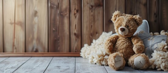 doll teddy bear baby decorated in home with wood wall. Creative Banner. Copyspace image