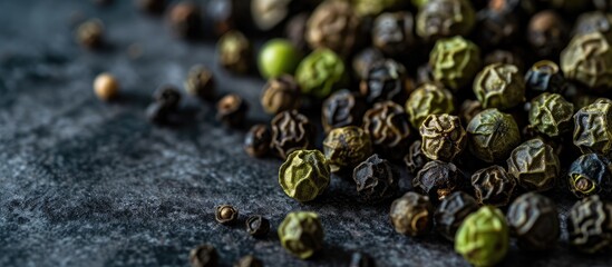 Dried green peppercorn Dry green pepper spice Top view. Creative Banner. Copyspace image