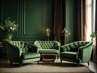 The classic interior design of the living room with green velvet tufted sofa and two beige armchair designs.