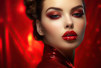 Fototapeta premium the stunning beauty of a supermodel, highlighting the timeless beauty of red lips. Soft lighting accentuates the contour and texture of the lips