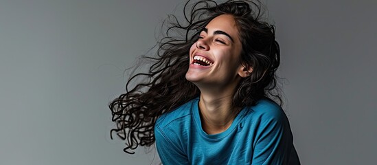 Dental health care concept picture happy excited beautiful woman in blue cloth show white toothy smile Portrait image of brunette girl isolate over grey gray background wide banner ad copy spac - obrazy, fototapety, plakaty