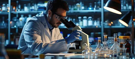 Biochemistry laboratory research Chemist is analyzing sample in laboratory with Microscope equipment and science experiments glassware containing chemical liquid. Creative Banner. Copyspace image - obrazy, fototapety, plakaty