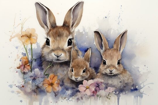 A watercolor artwork depicting a mother rabbit with adorable baby bunnies. Generative AI