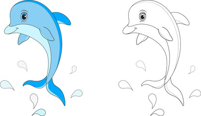 Dolphin line and color illustration. Cartoon vector illustration for coloring book.