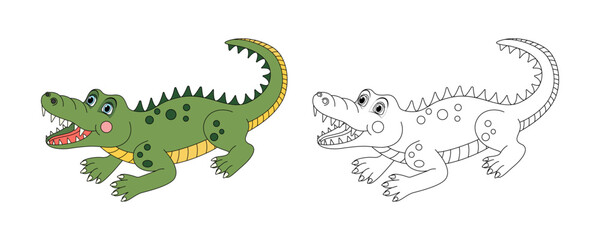 Alligator line and color illustration. Cartoon vector illustration for coloring book.