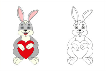 Hare or rabbit line and color illustration. Cartoon vector illustration for coloring book.