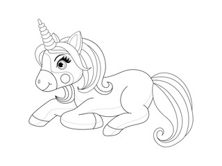 Black line cute unicorn.
Cartoon vector illustration for coloring book or coloring page.