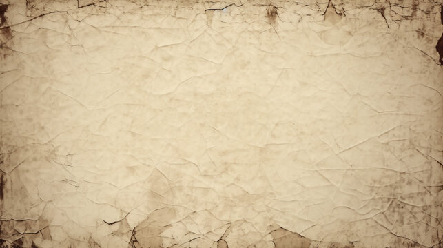 Grunge empty creased paper texture with torn edges frame and faded vignette border. Dirty distressed vintage weathered old wrinkled photo background, generative AI