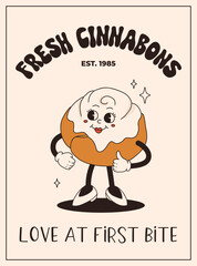 Valentine's Day vintage poster. Happy retro characters. Old animation 50s, 60s 70s, groovy cartoon mascots of coffee and sweets, donut, cupcake, espresso, latte, cocoa, cake. present.