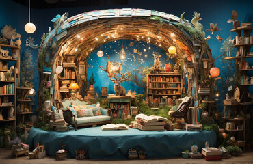 Pages of Curiosity Whimsical world where bookworms explore a magical literary wonderland - obrazy, fototapety, plakaty