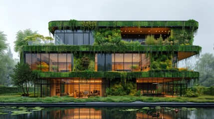 An office building in the middle of a large city filled with trees. In an environmentally friendly concept