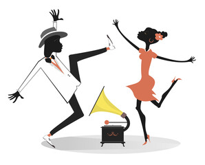 Happy dancing young African couple. 
Vintage record player and happyy dancing young African man and African woman. Isolated on white background
