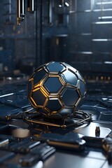A soccer ball crafted from small metallic pieces of artificial intelligence surrounded by a few metal wires Generative AI