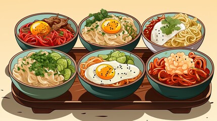 noodle soup with vegetables ,fried egg in a white bowl vector illustration.Generative AI