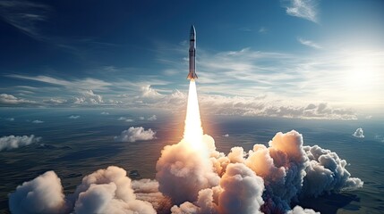 3D of A combat rocket is flying above the clouds.Generative AI