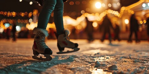 Close up from the ground of a woman ice skating. - obrazy, fototapety, plakaty