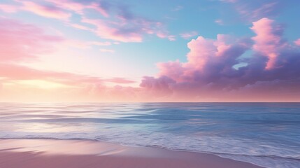 A peaceful, deserted beach at dawn, with soft, pastel-colored skies